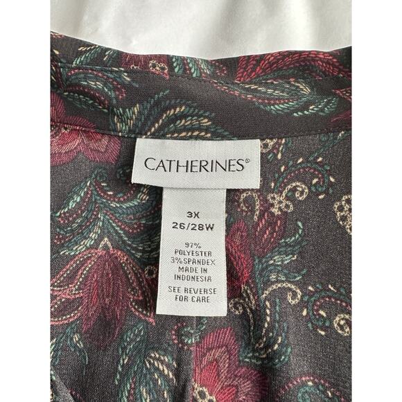Catherines 3X 26/28 Button Up Tunic Top Black Red Floral Boho 3/4 Sleeves Fall - Picture 8 of 12